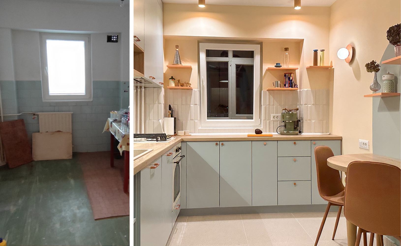 comparatie inainte si dupa cu renovarea buctariei în nuanțe pastelate