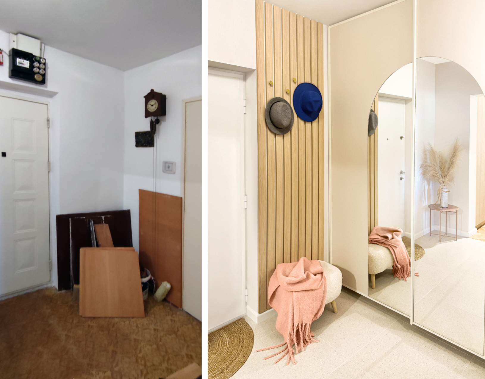 before after cu renovarea unui hol de la intrare in stil contemporan cu un cuier tip riflaj