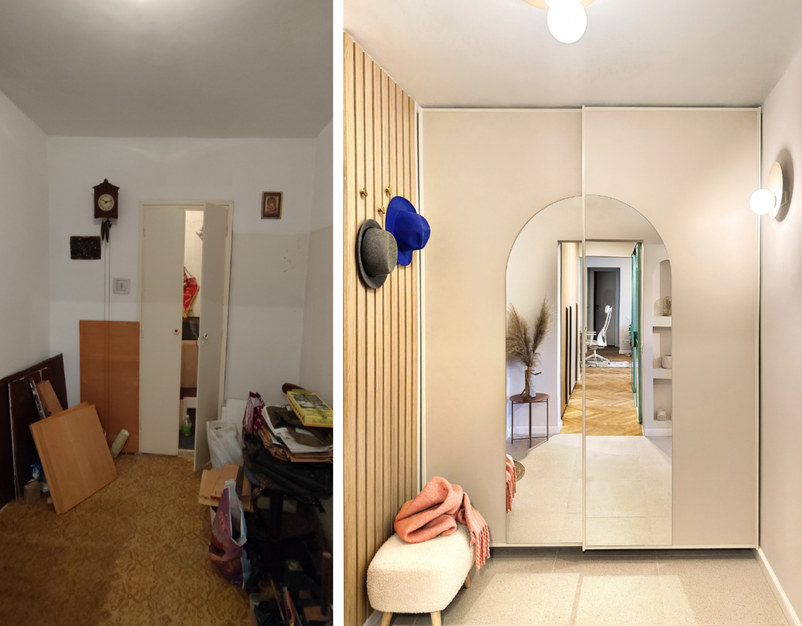 comparatie inainte si dupa renovarea holului in stil contemporan idei de depozitare pe hol dulap in locul debaralei oglinda in forma de arcada