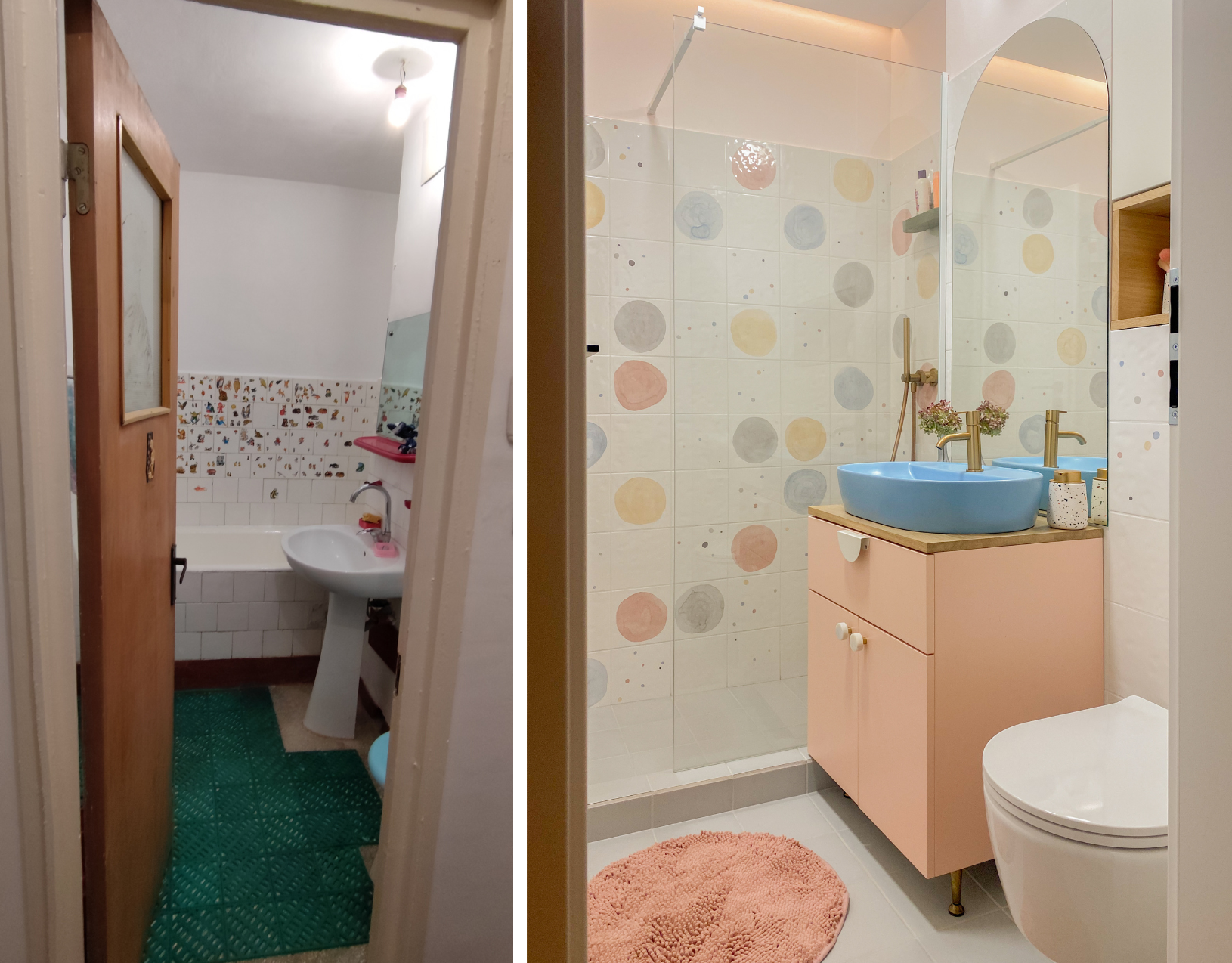 comparatie inainte si dupa renovare baie culori pastelate