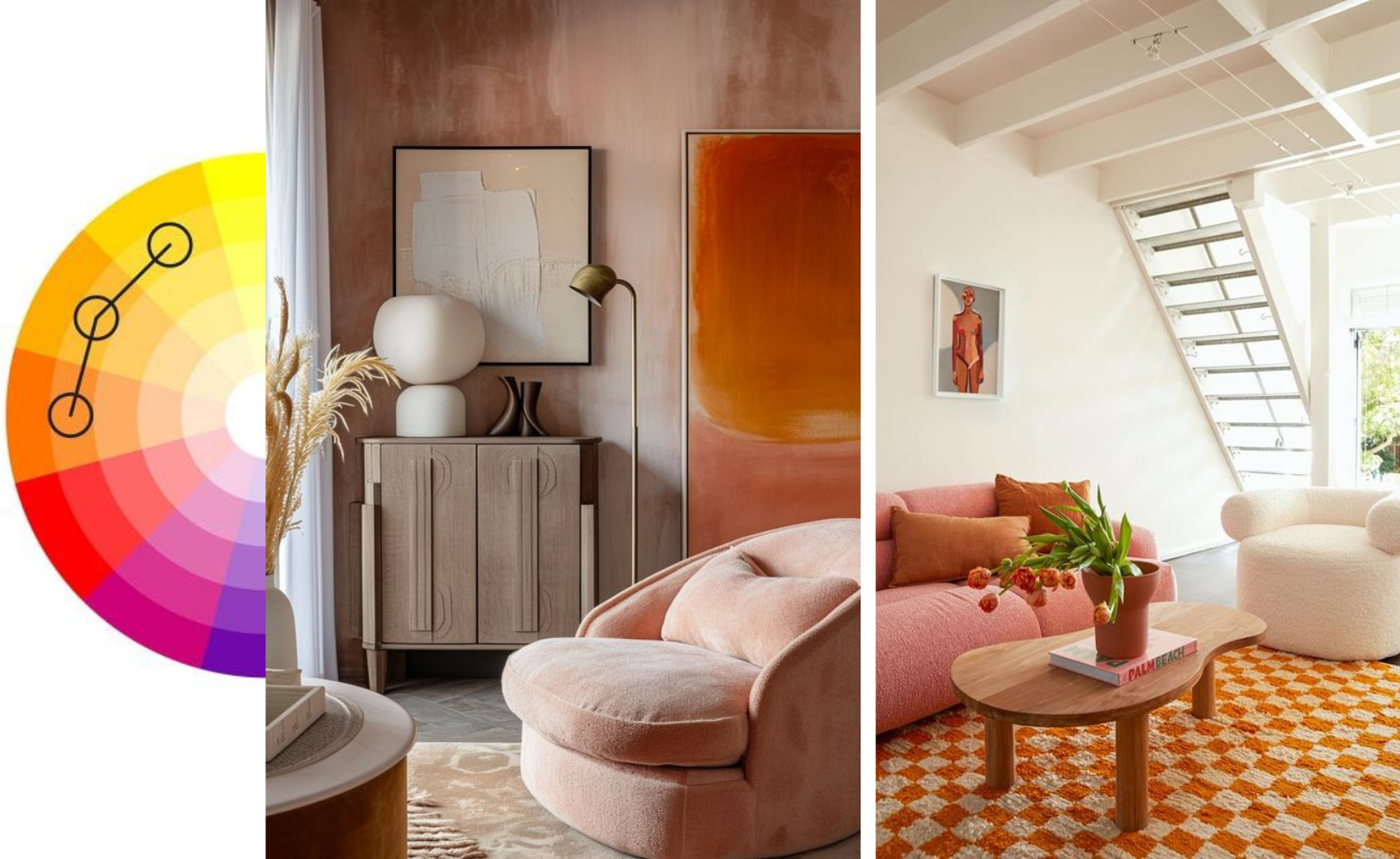combinatii de culori cu peach fuzz si nuante analog din roata culorilor aplicate in design de interior
