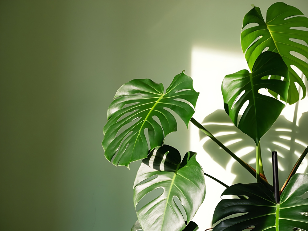 Cele mai frumoase plante de apartament: O plantă monstera matură în interior, în soare parțial în spatele unui perete verde deschis
