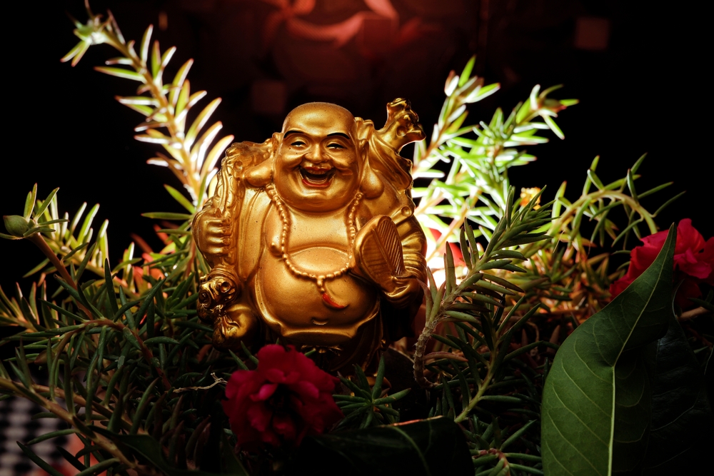 Obiecte pentru a atrage norocul în casa ta: o statuetă aurie cu buddha care râde printre ramuri de plante.