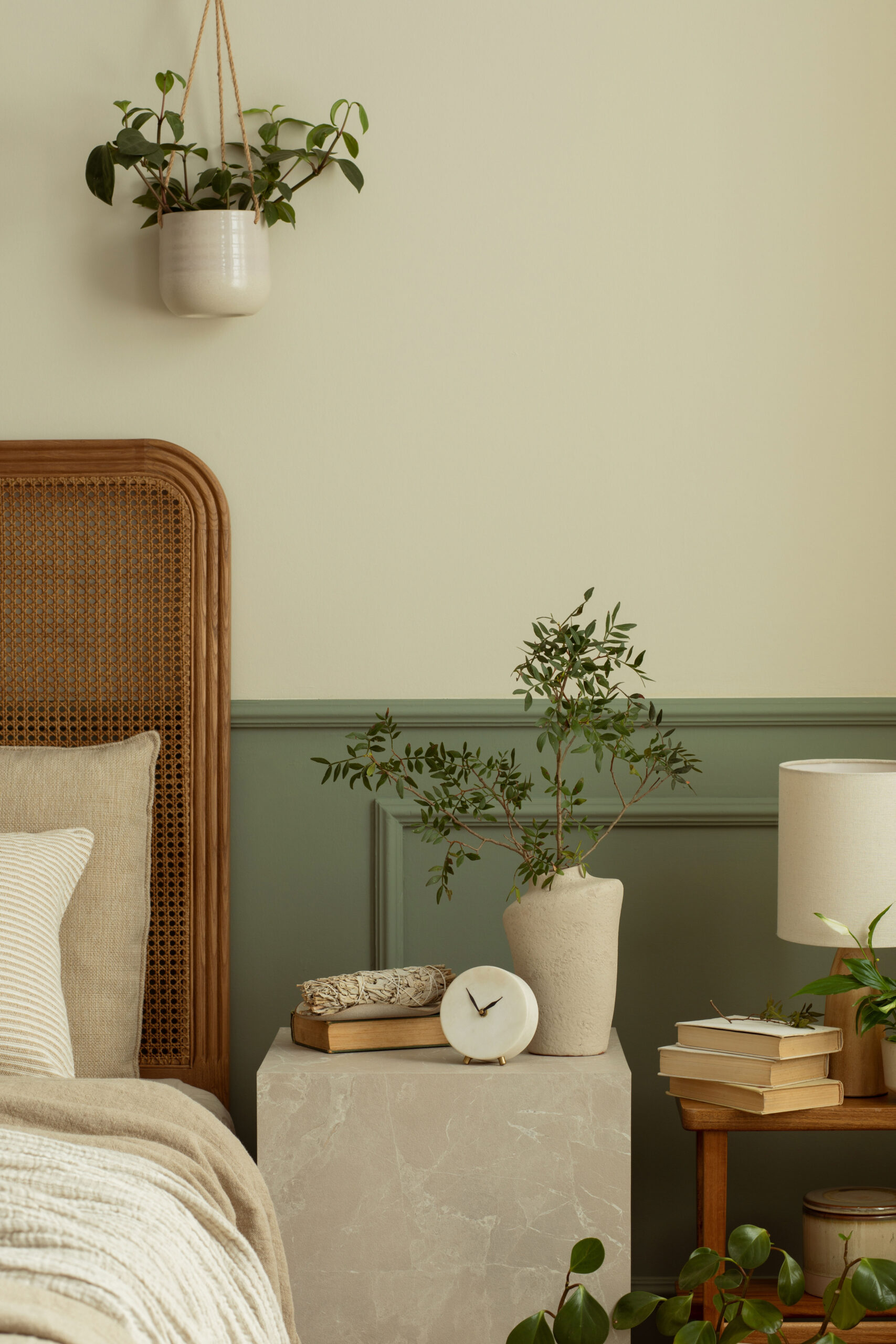 amenajare dormitor cu pat tablie de ratan textile neutre verde inchis pe pereti plante si decoratiuni in stil boho