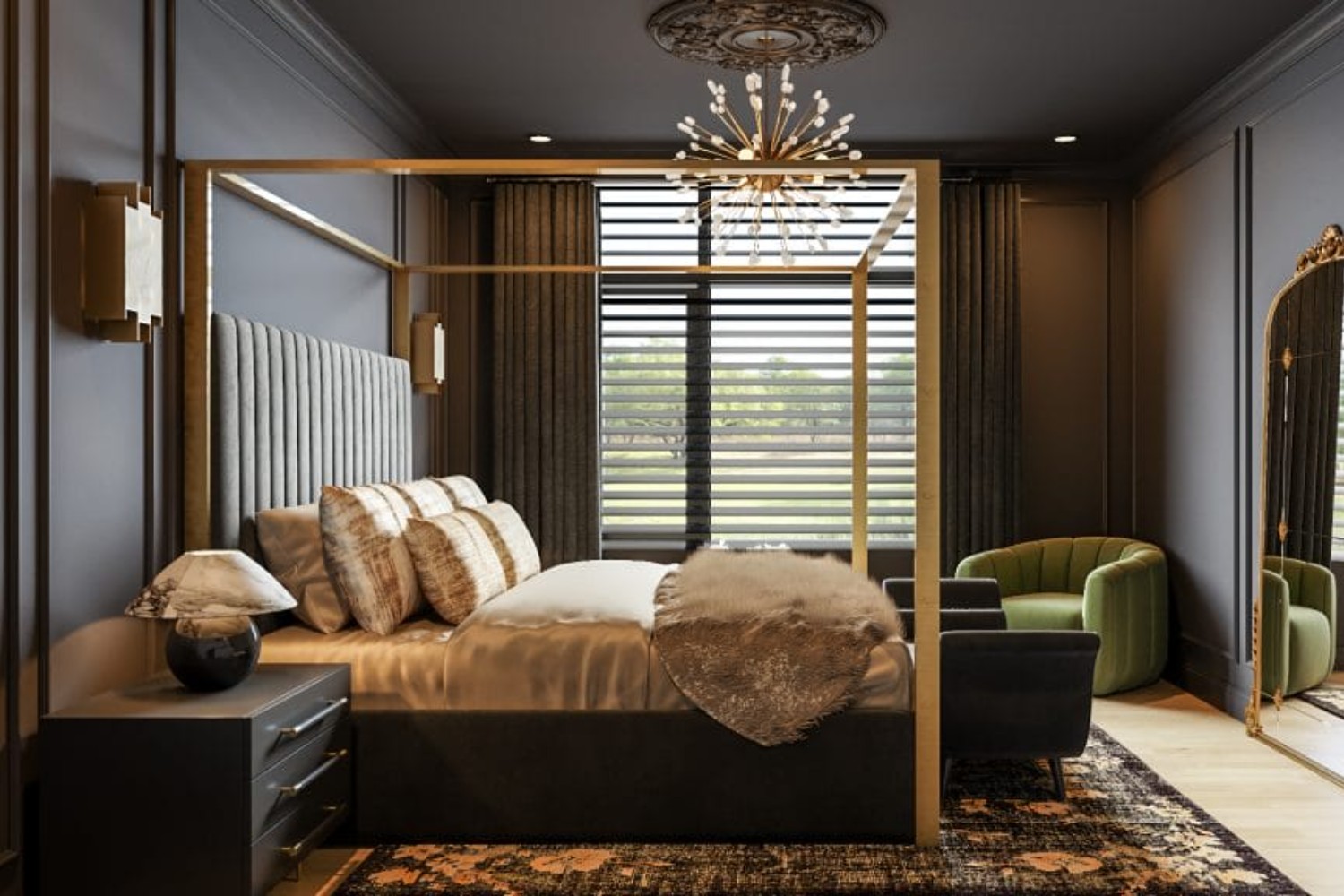 11 stilul neoclasic - Dark-neoclassical-bedroom-design-style-by-Decorilla-1024x576