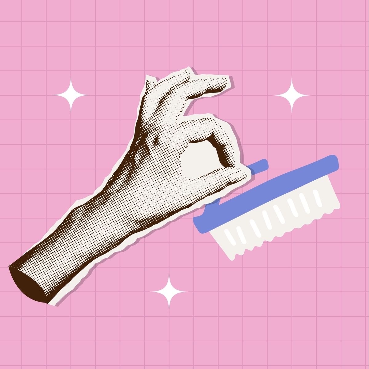 mana care tine o perie de curatenie in casa pe fundal roz ilustratie tip colaj