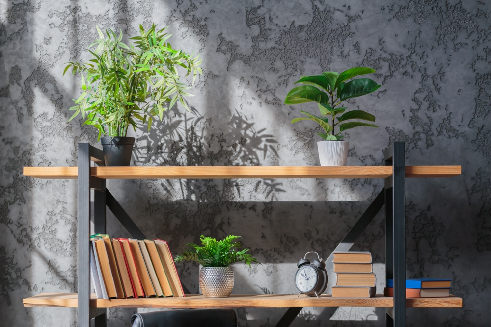 plante verzi naturale pe raft pentru design biofilic