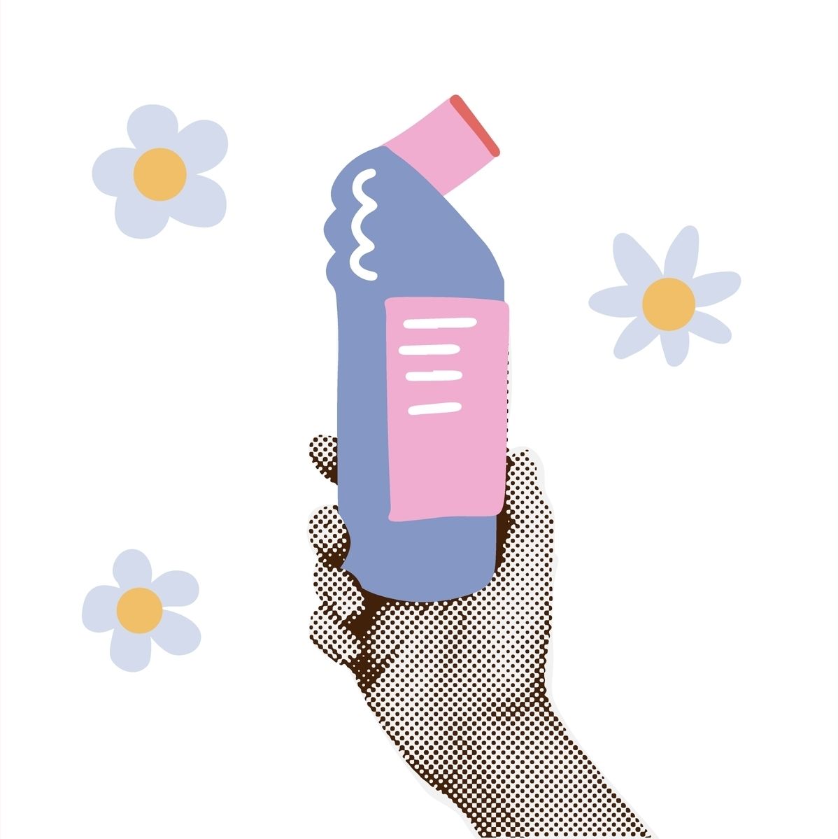 mana care tine un spray de curatare ilustrat pe fundal alb cu floricele