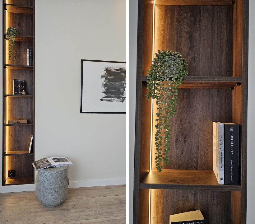 biblioteca incastrata nisa mascare stalp de rezistenta amenajare minimalista apartament parchet laminat pereti albi