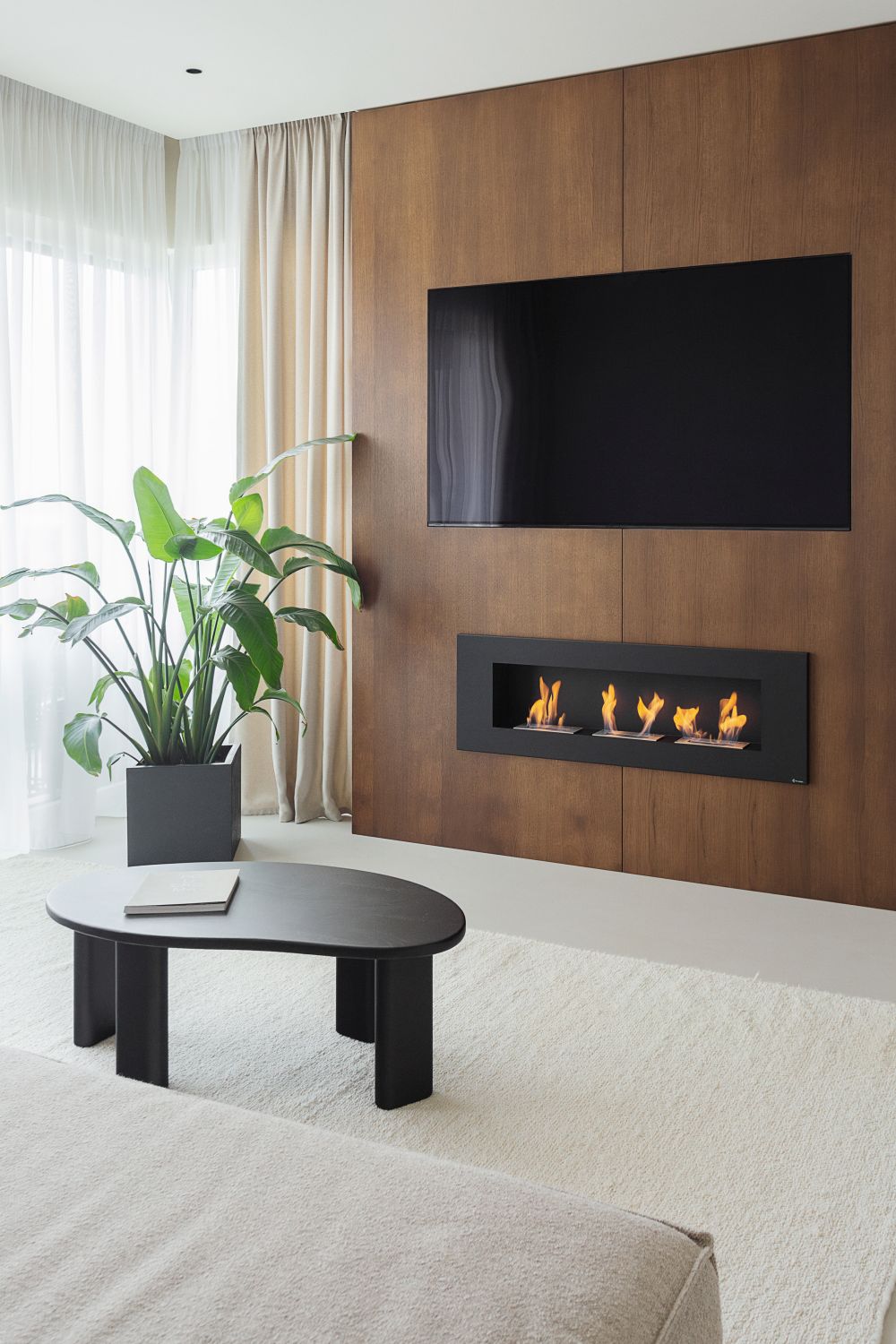 living cu panou lemn perete tv incastrat semineu